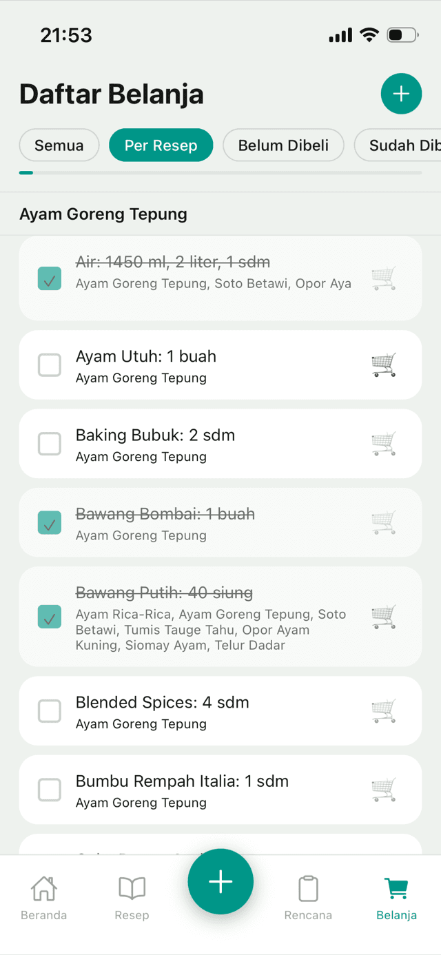 Shopping list screen